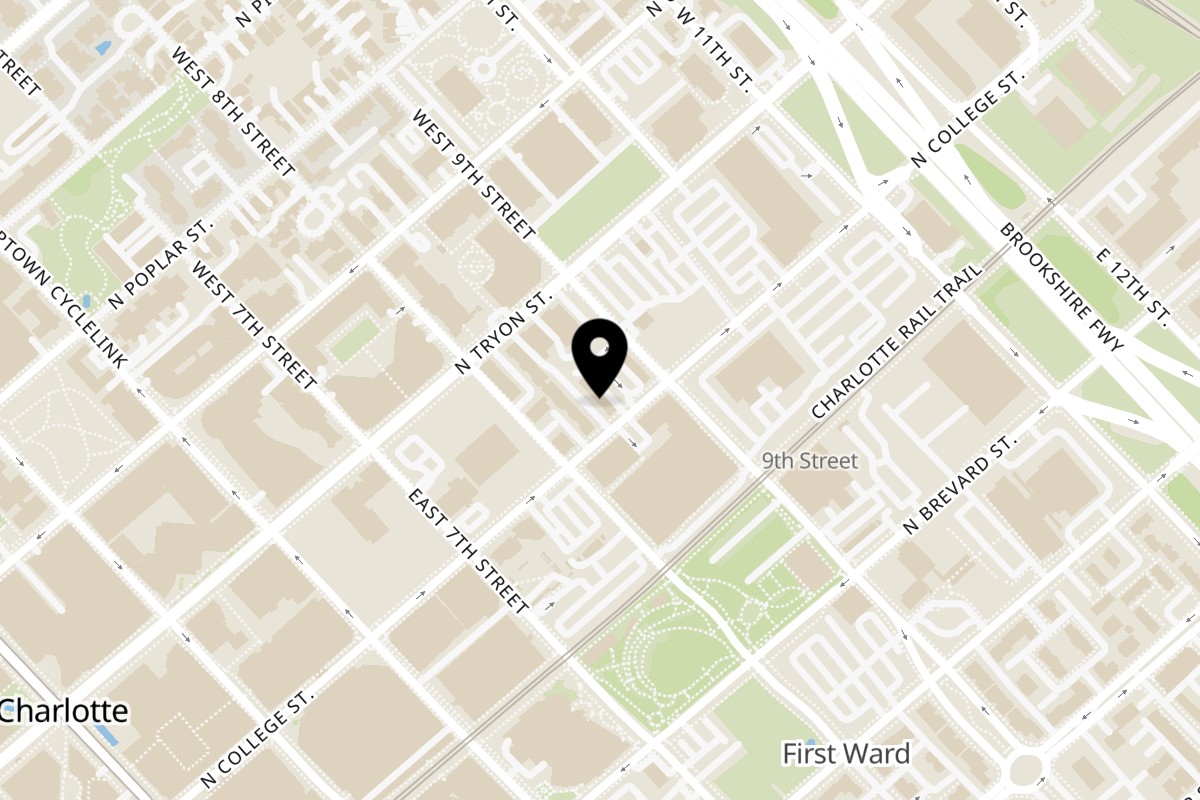 Map showing the location of Varsity Lounge on 521 N College St in Charlotte